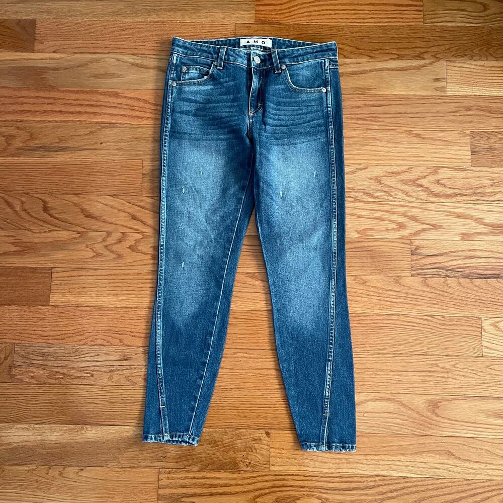 AMO Twist Dive Bar Distressed Skinny Ankle Jeans Womens 27 Blue Mid Rise USA